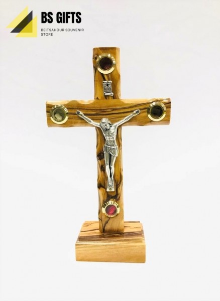Olive Wood Cross-Metal Crucifix with Base 18x10.50cm