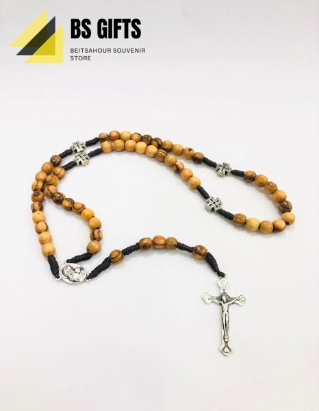 Olivewood rosary with 4 jerusalem crosses 40 cm