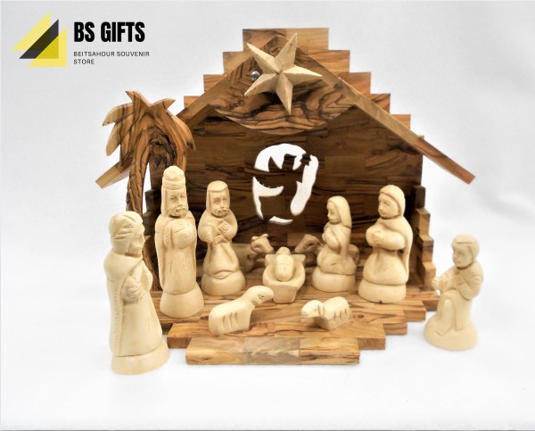 Handmade nativity scene with music box and angel 23x27 cm