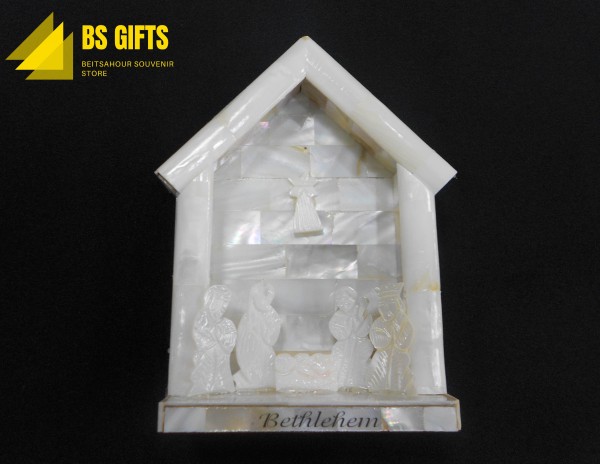 Small size house-shaped nativity scene (White mother of pearl) 15x11.5 cm